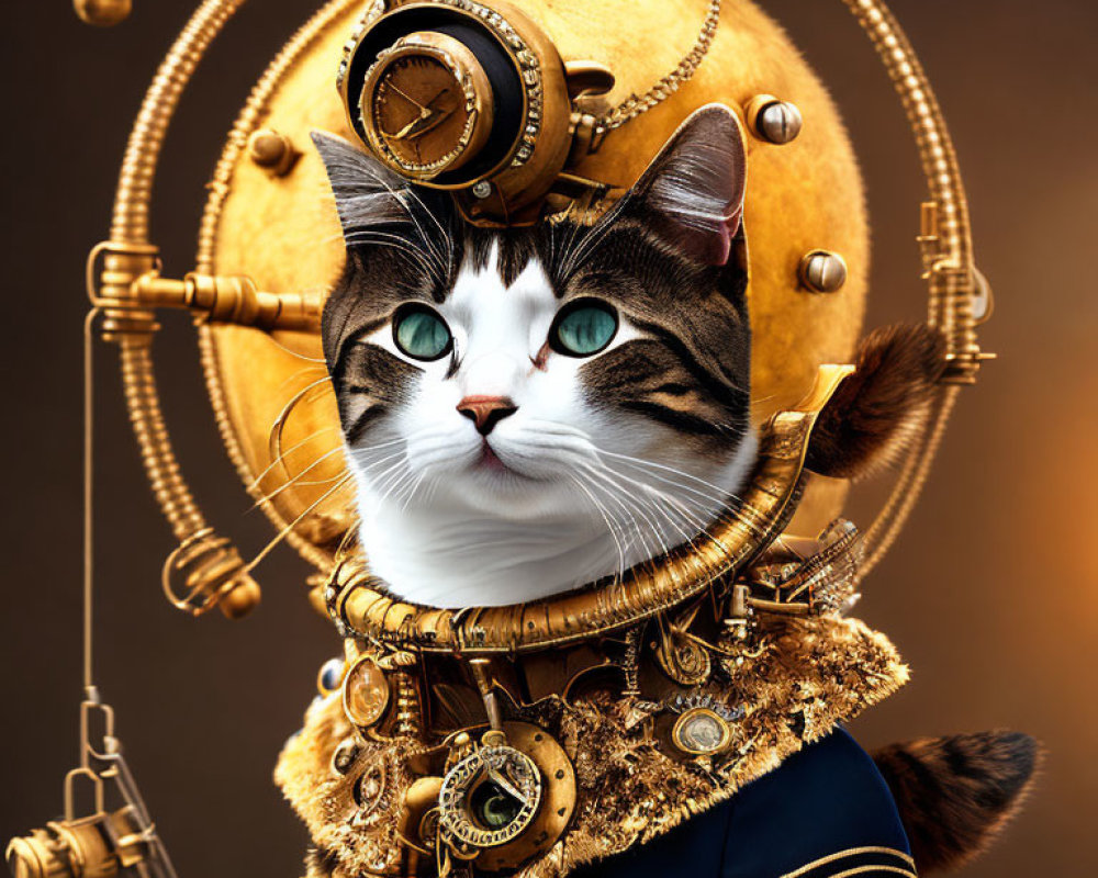 Steampunk-themed cat with brass helmet and goggles in gear-filled setting