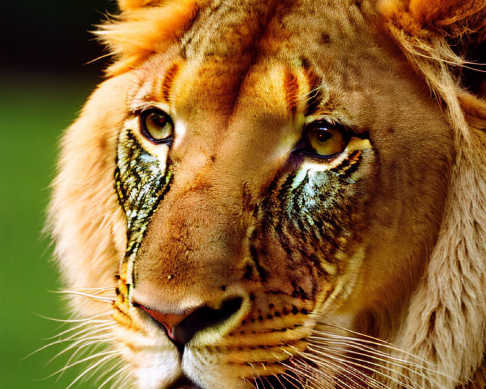 Close-Up of Lion with Golden Fur and Piercing Eyes on Green Background