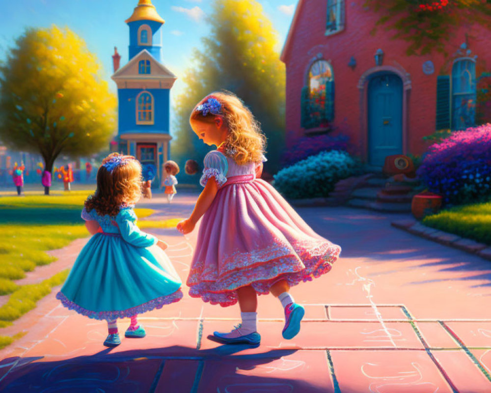 Young girls playing hopscotch on colorful street with red brick building