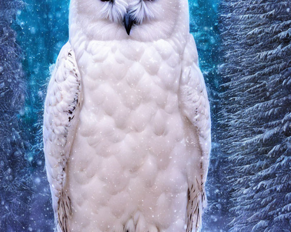 Snowy owl perched on branch in falling snowflakes