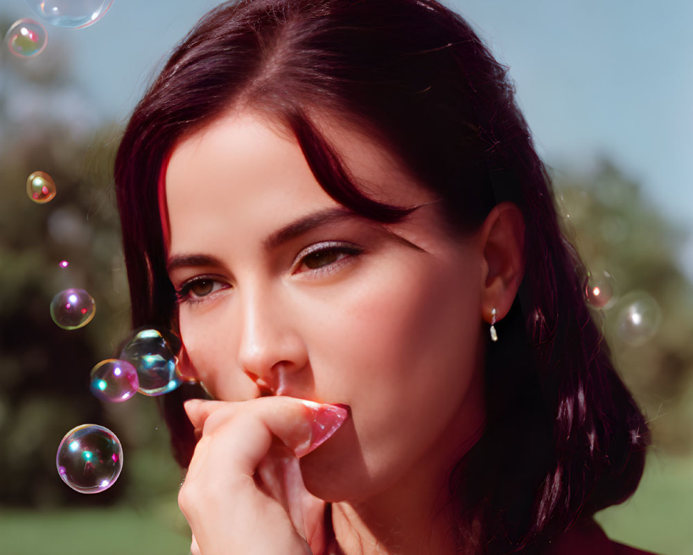 Woman in Red Jacket with Finger on Lips Surrounded by Bubbles in Green Outdoor Setting