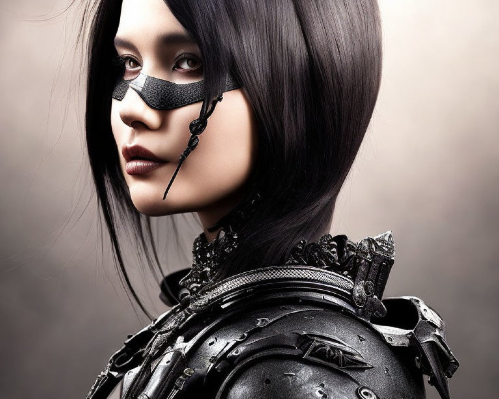 Dark-haired woman in futuristic armor and eye mask gazes intensely.