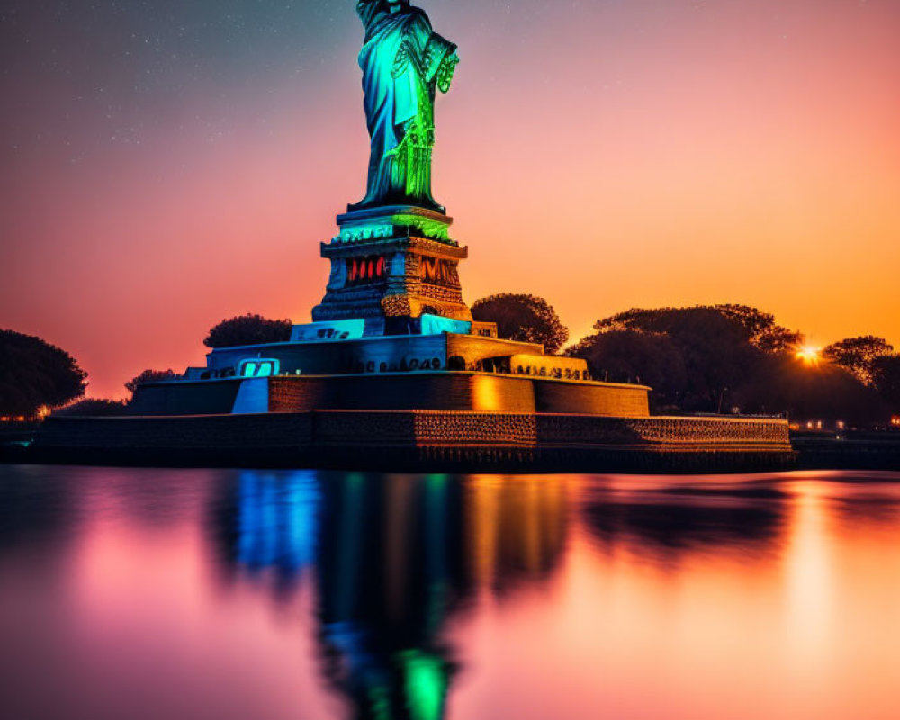 Iconic Statue of Liberty at Twilight with Vibrant Lights and Water Reflection