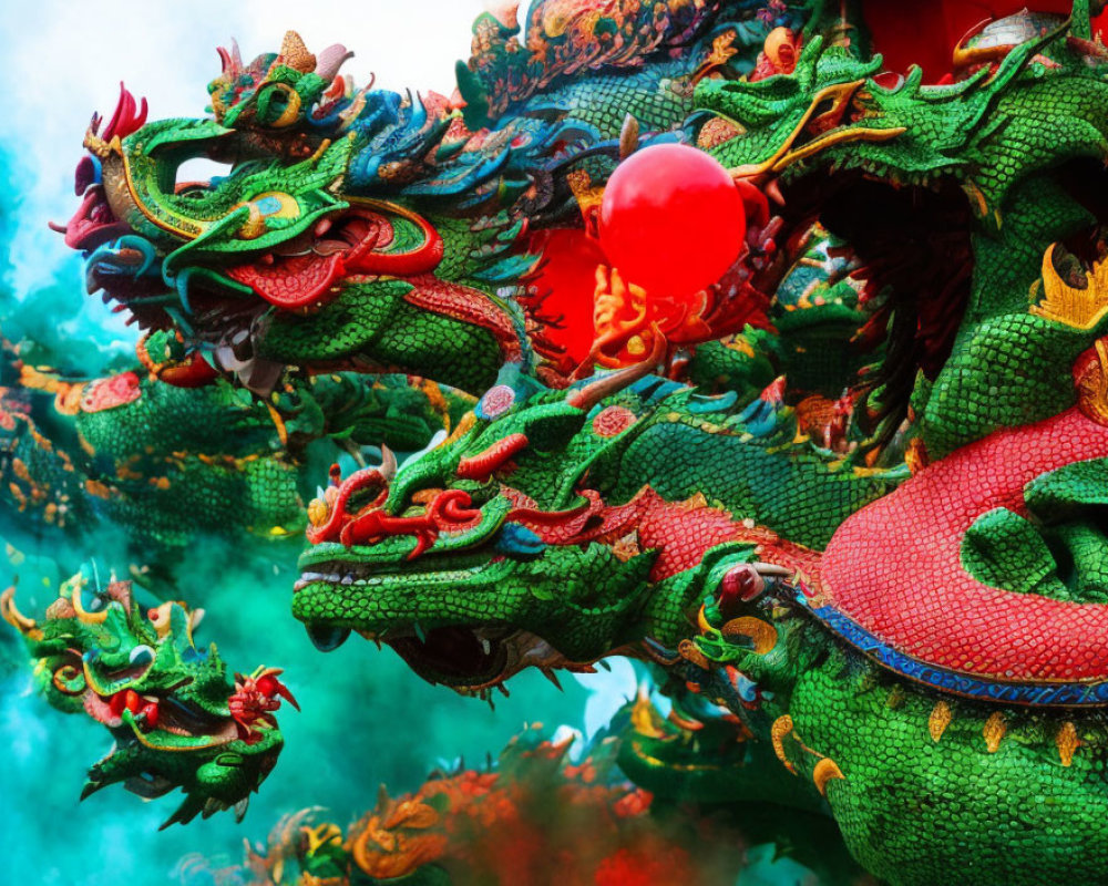 Colorful Chinese Dragon Sculpture Twisting Around Red Sphere