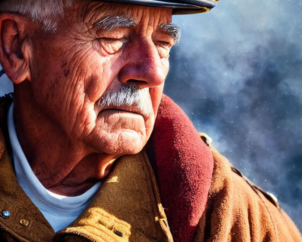 Elderly firefighter in uniform with smoke and blaze in background