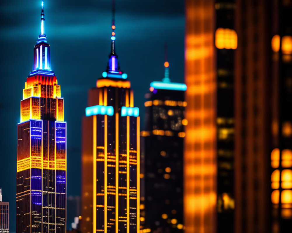 Vibrant illuminated skyscraper at twilight amid city lights