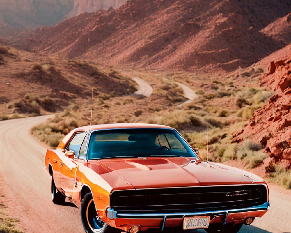 Vintage Orange Dodge Charger on Winding Road Amid Red Rock Formations