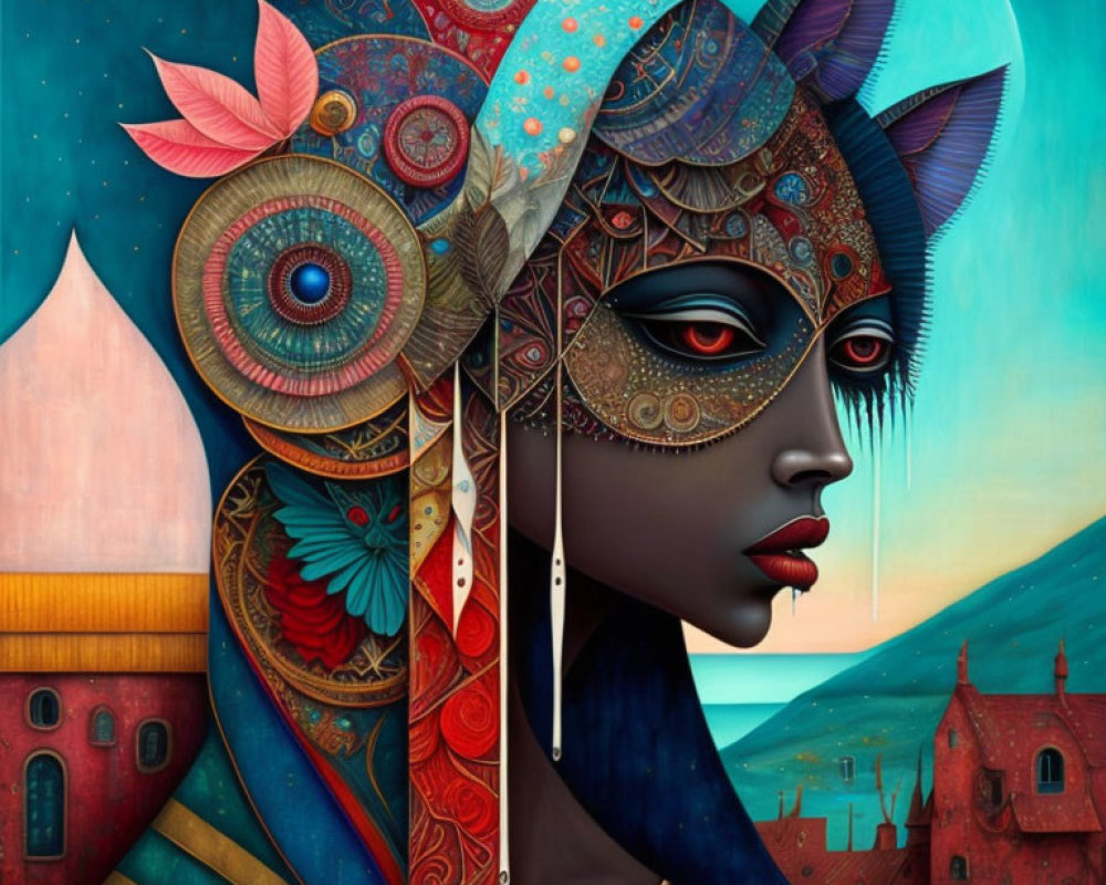 Colorful portrait of woman with intricate headdress, crescent moon, and buildings in the background