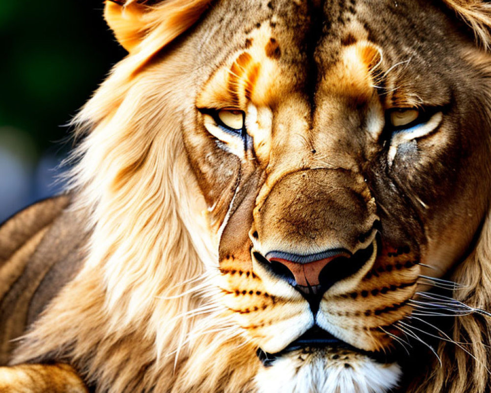 Detailed Close-Up of Lion's Intense Gaze and Rich Mane