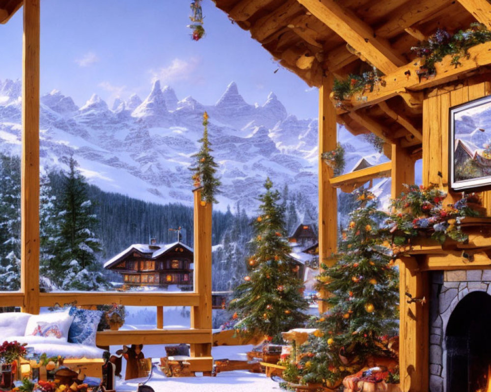 Winter porch decor with snowy mountain view and Christmas theme.