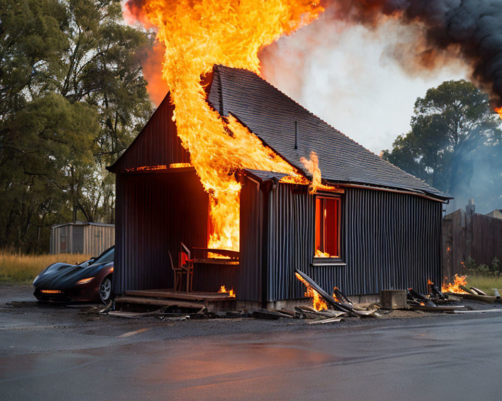 Burning house with fire burst and sports car nearby