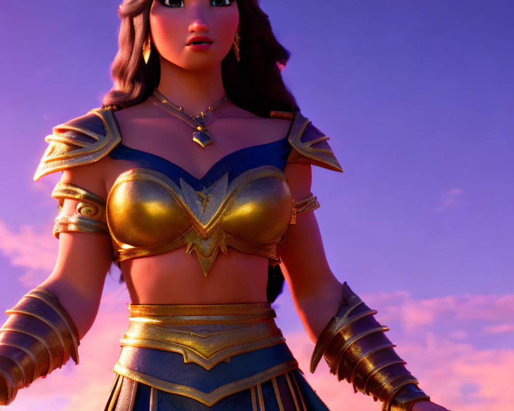 3D animated female character in golden and blue armor with long hair on purple and orange sky background