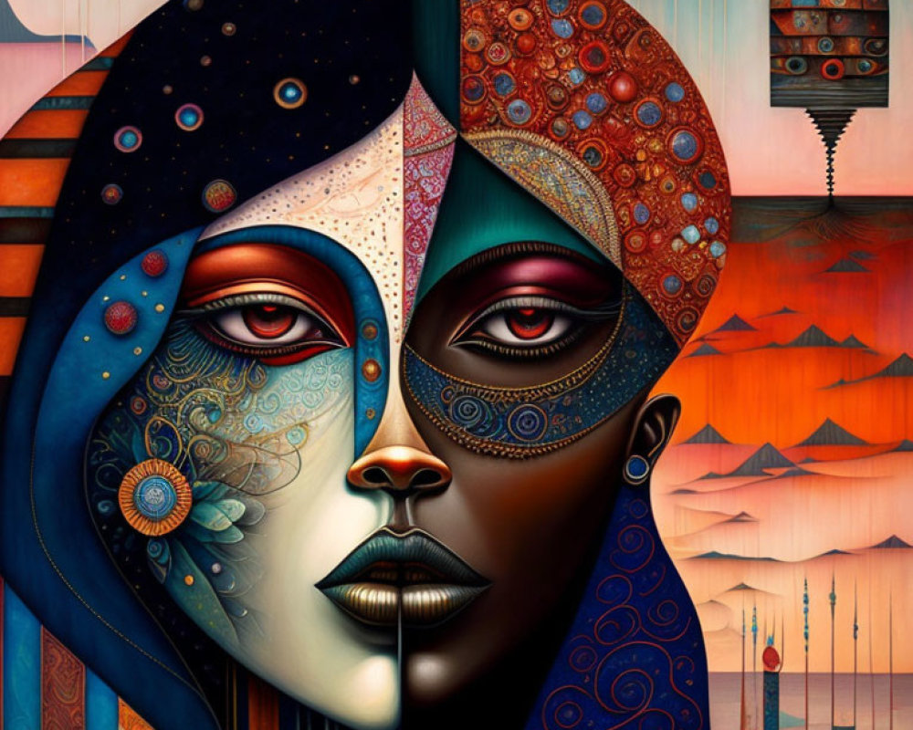 Surrealist dual-faced art with day and night themes and intricate patterns