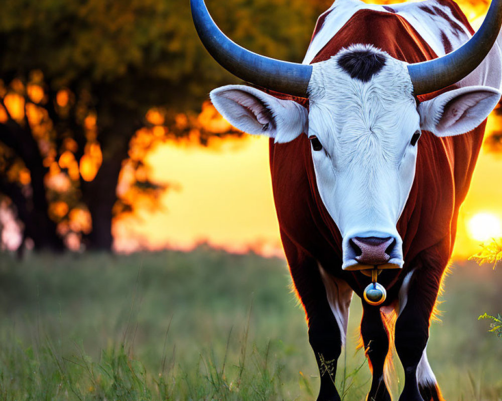 Large-Horned Cow in Field at Sunset with Warm Light and Trees