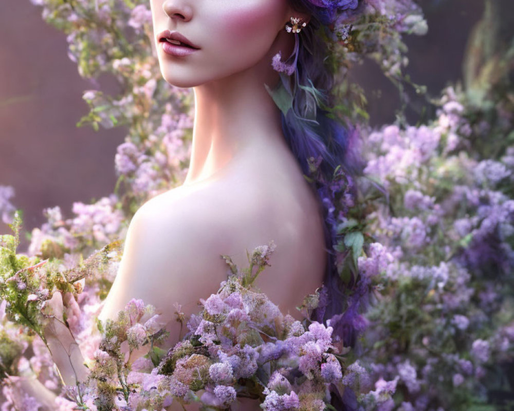 Portrait of a woman with blue eyes and purple flowers in hair