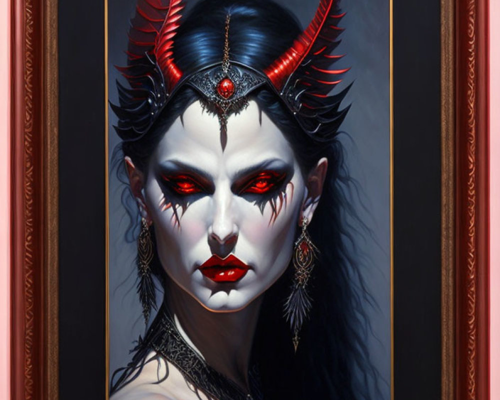 Portrait of Woman with Horns and Striking Red Eyes in Decorative Frame