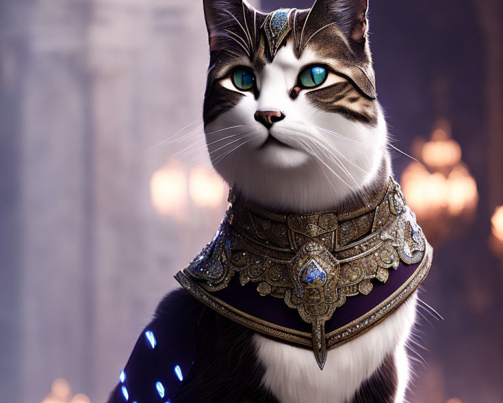 Majestic cat with green eyes and ornate collar gazes sideways