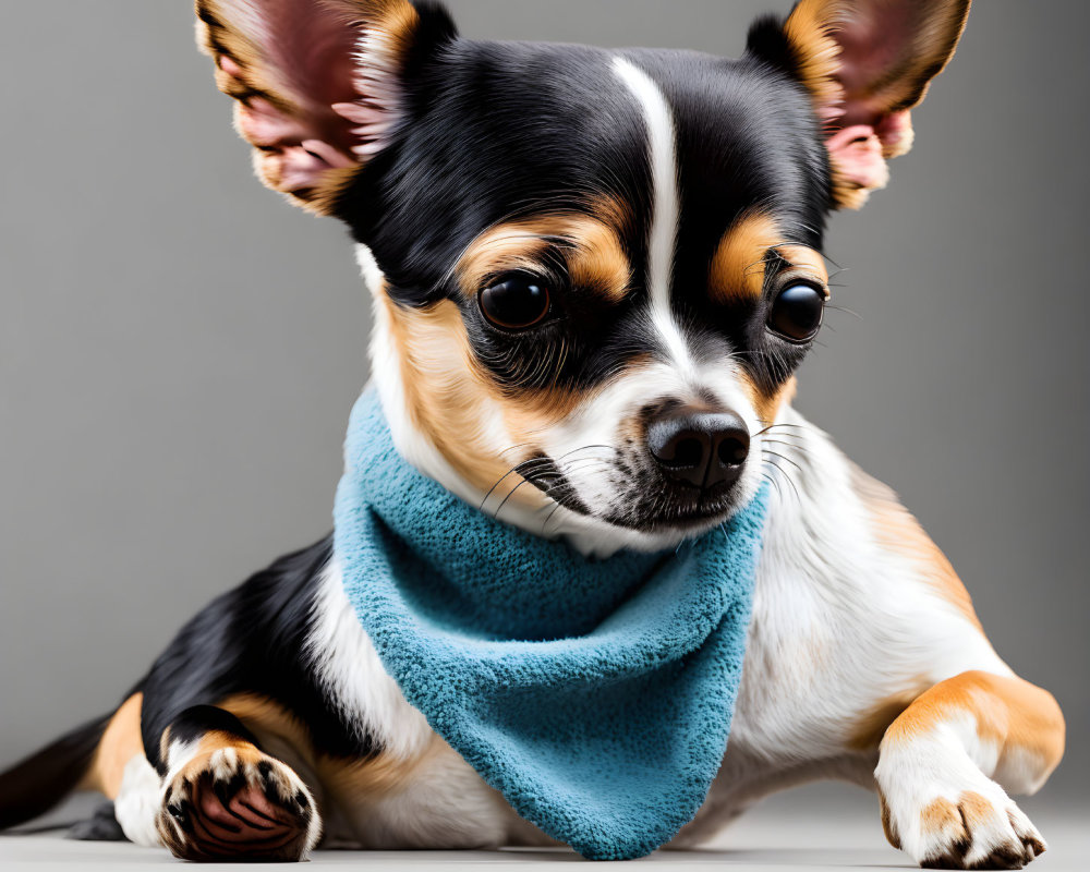 Small Chihuahua with Large Ears and Blue Scarf Resting and Curious