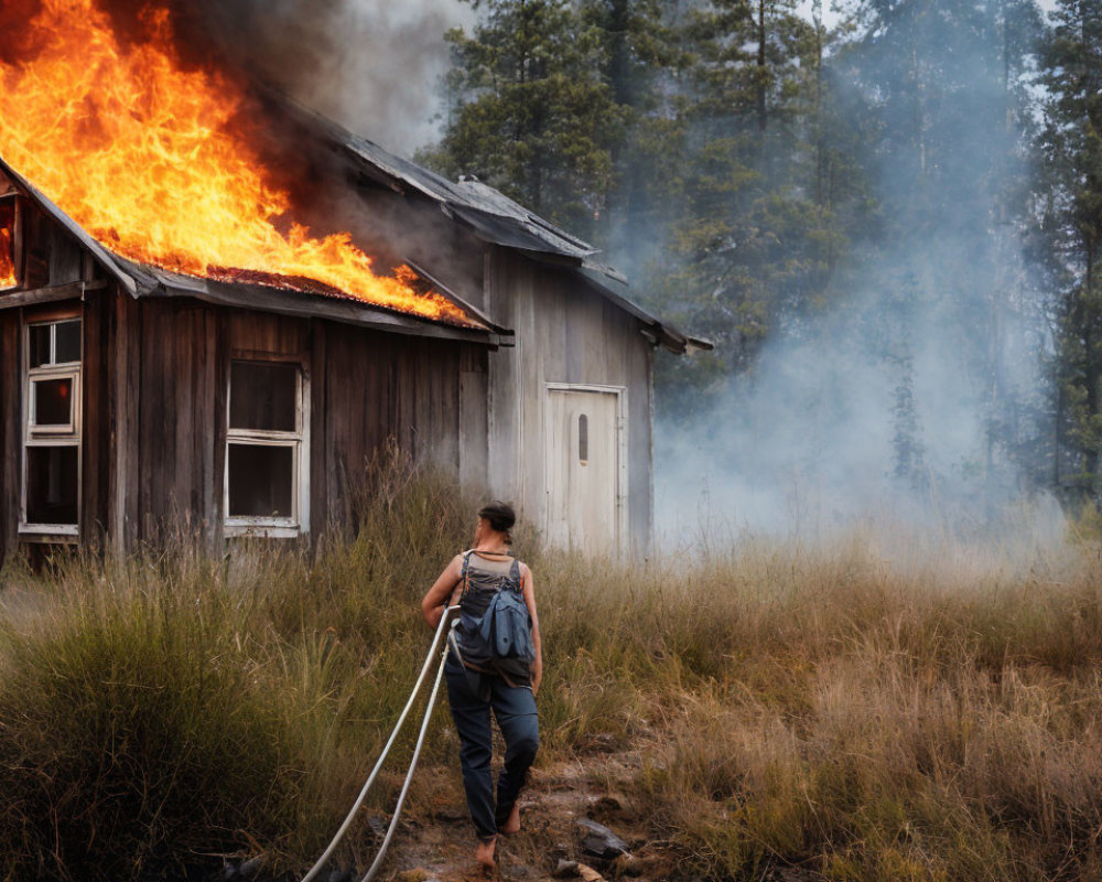 Person with backpack extinguishing flames at wooden house in forest