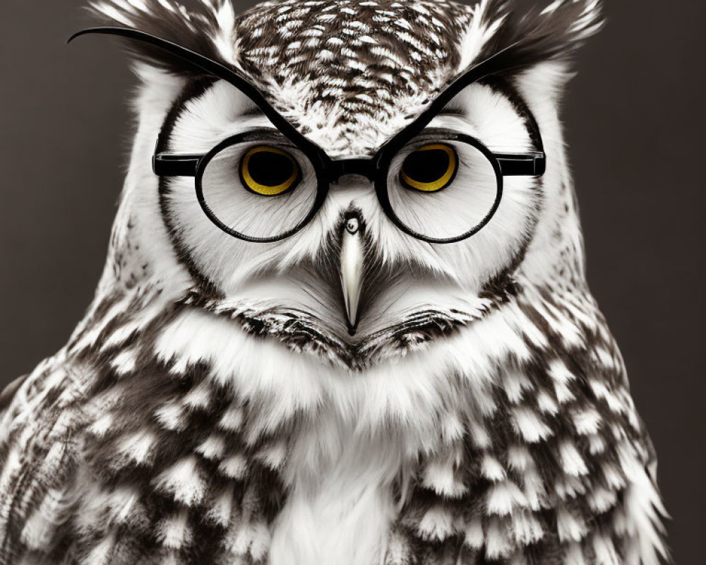 Detailed Close-Up of Owl with Unique Feather Patterns and Eyeglasses on Grey Background