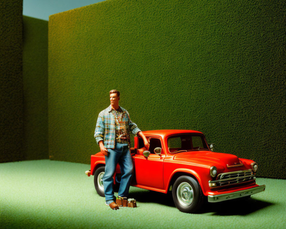 Man in Plaid Shirt Standing by Red Pickup Truck and Green Hedge