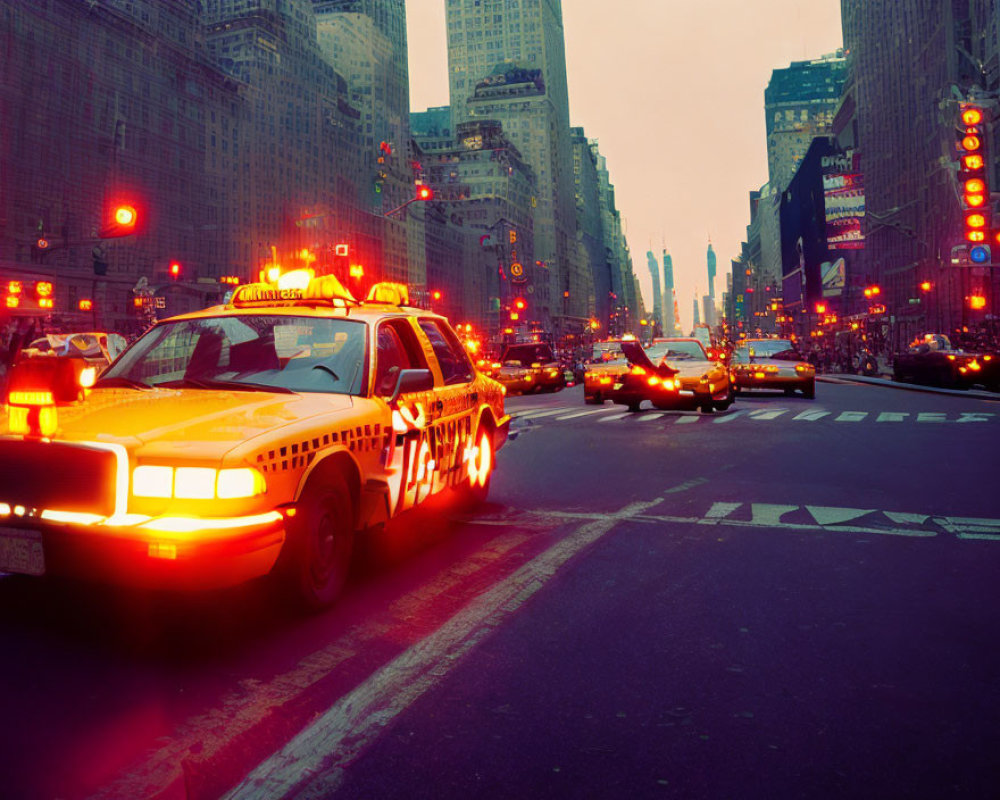 Yellow Taxi with Lit Sign on City Street at Dusk