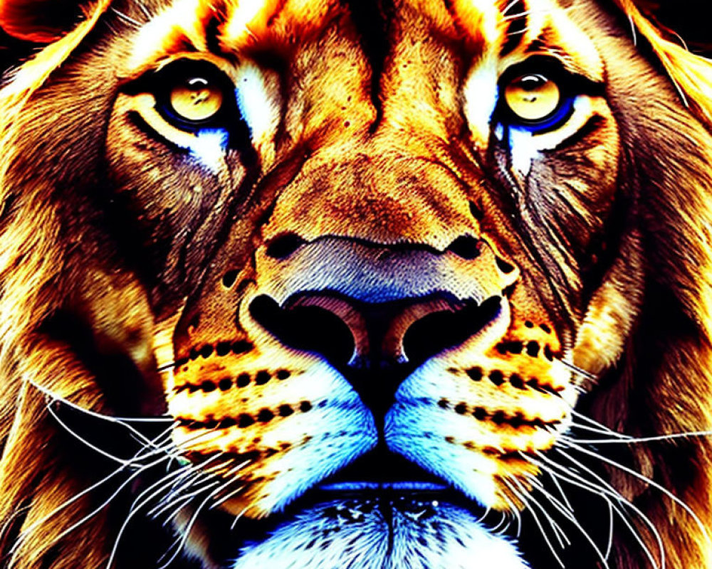 Close-Up Image: Vibrant Lion's Face with Intense Blue Eyes