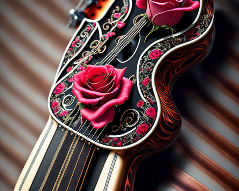 Intricate inlay designs on ornate guitar with red roses on body