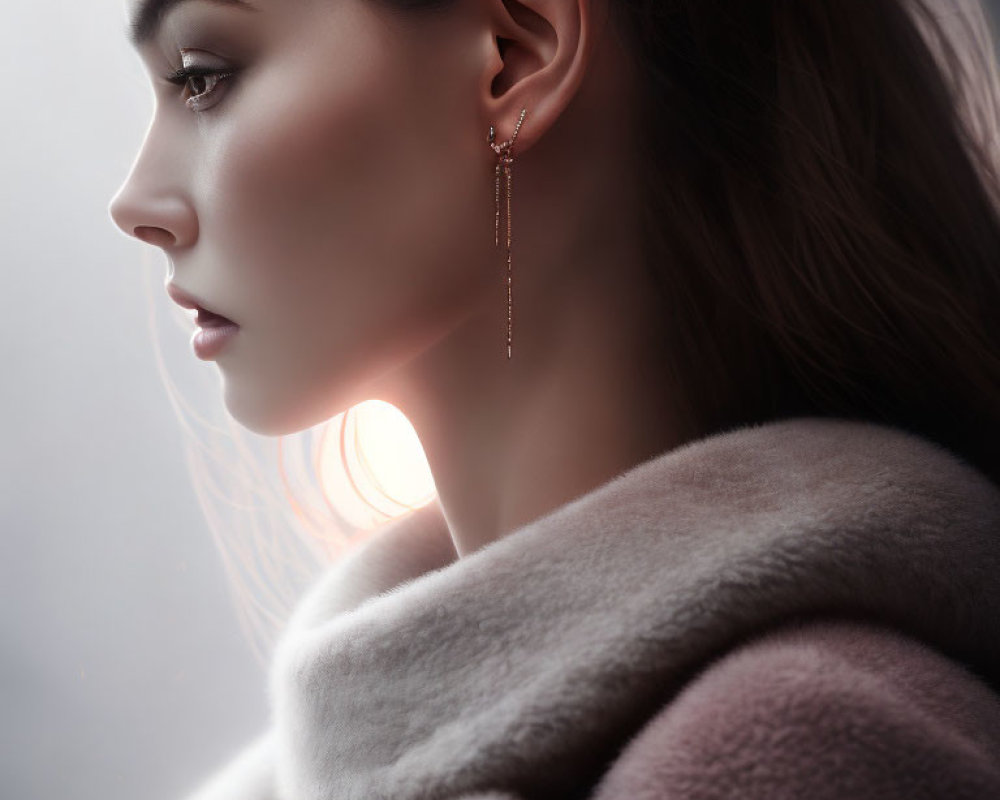 Woman in earring and cozy sweater in soft light profile.