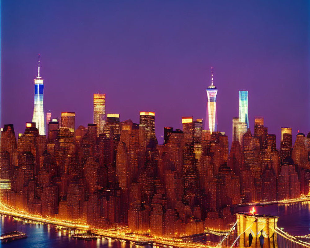 Night cityscape with illuminated bridge and skyscrapers against blue sky