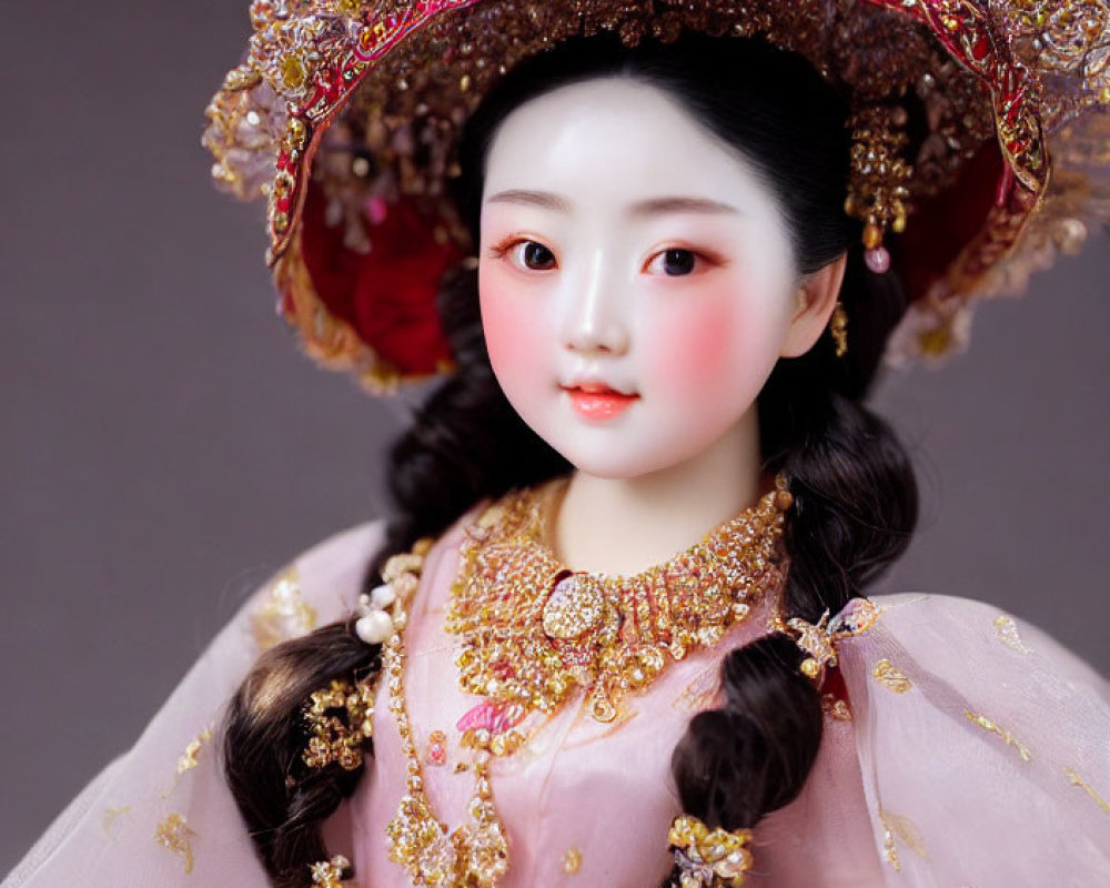 Ornate Asian-inspired doll with intricate headdress and gold jewelry.