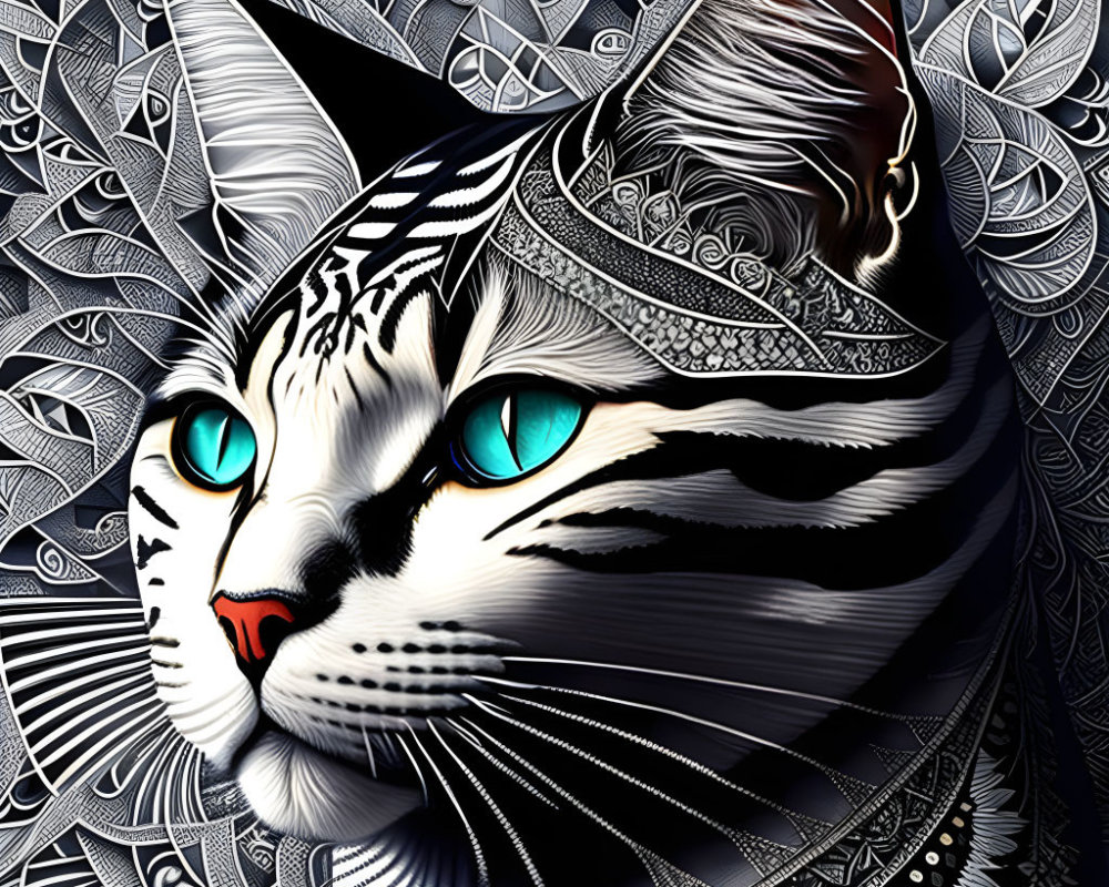 Stylized cat digital artwork with black and white patterns and turquoise eyes