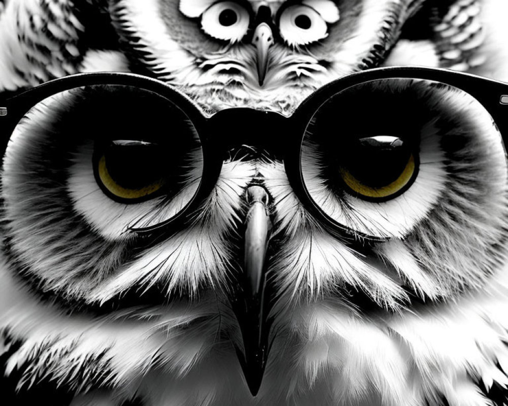 Monochromatic owl with large yellow eyes and round glasses.