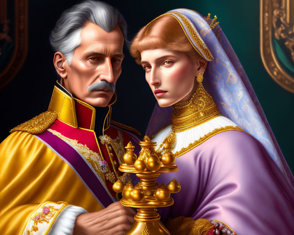 Regal man and woman in historical attire with chess piece