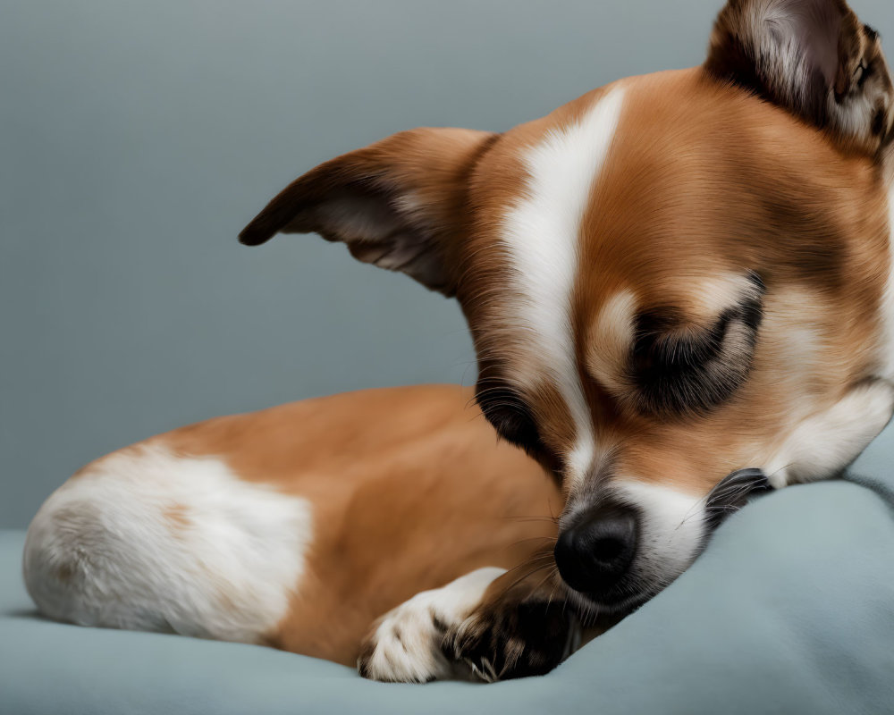 Brown and White Dog Resting on Blue Cushion Against Gray Background