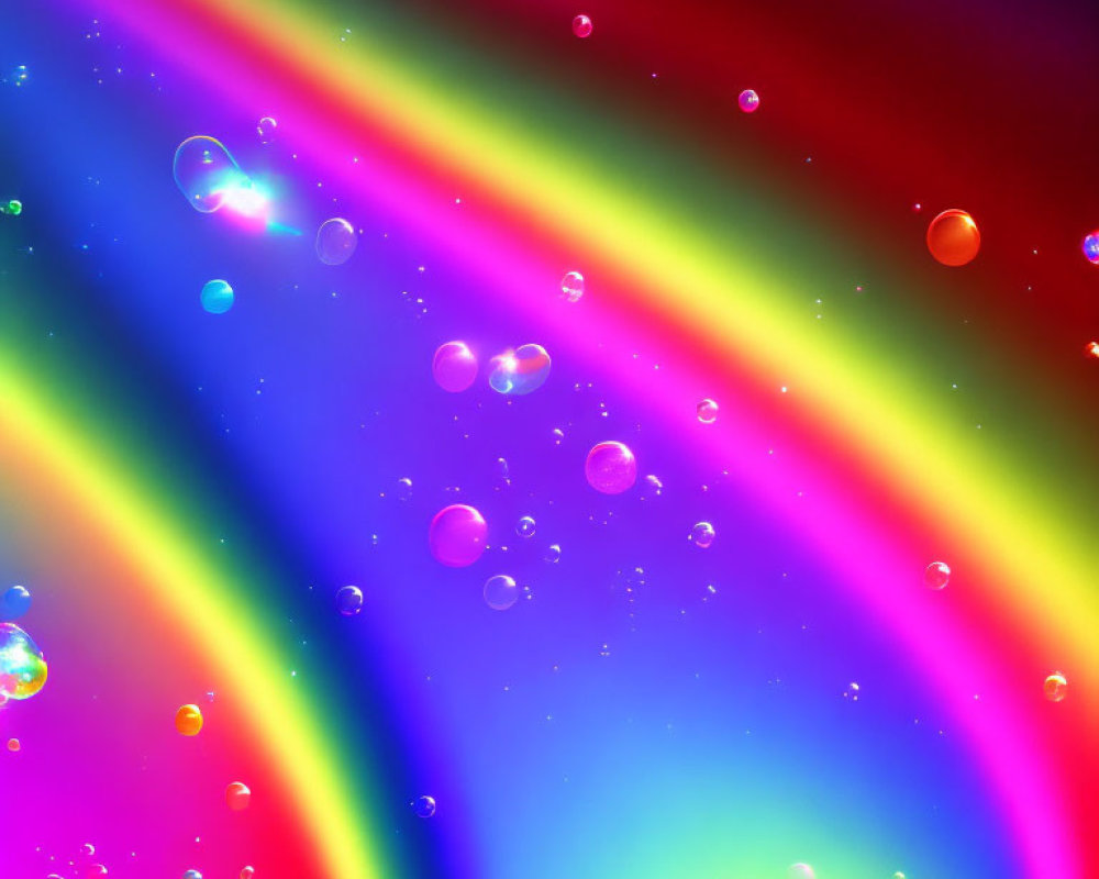 Colorful Rainbow Background with Light Rays and Floating Bubbles