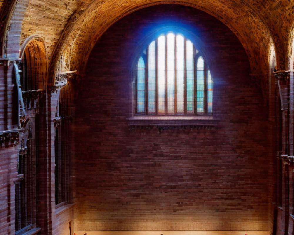 Historic brick building with grand indoor swimming pool and stained-glass window