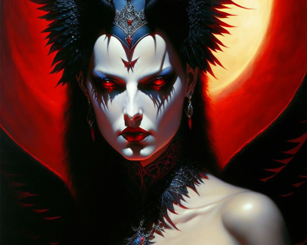 Portrait of woman with pale skin, dark makeup, horned headpiece, in red and black attire