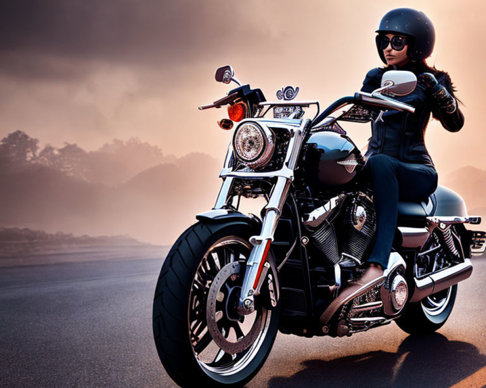 Person in black attire riding motorcycle on open road at sunset