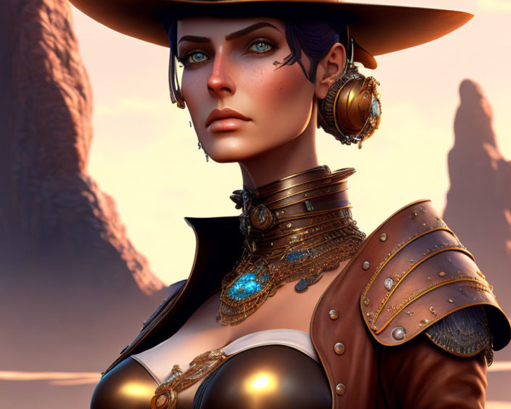 Steampunk-themed digital art of woman in desert setting