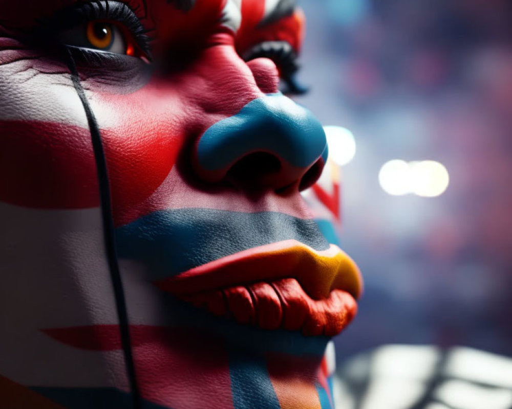 Person with vibrant clown makeup and Union Jack flag pattern close-up.