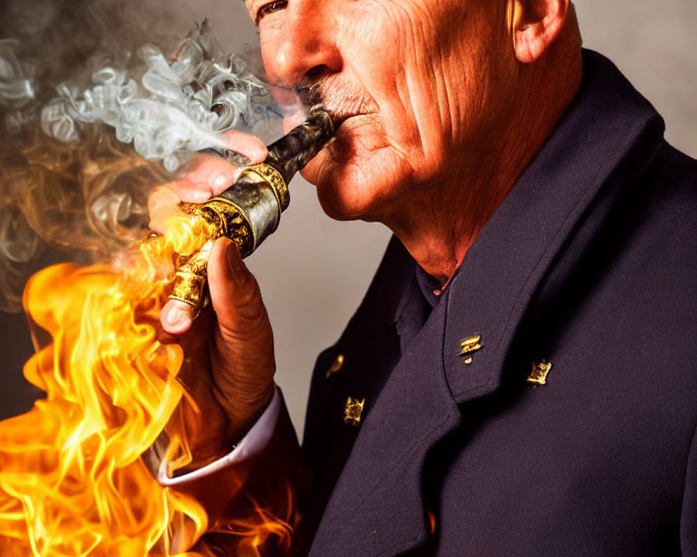 Smirking firefighter in uniform with large cigar and dramatic flames