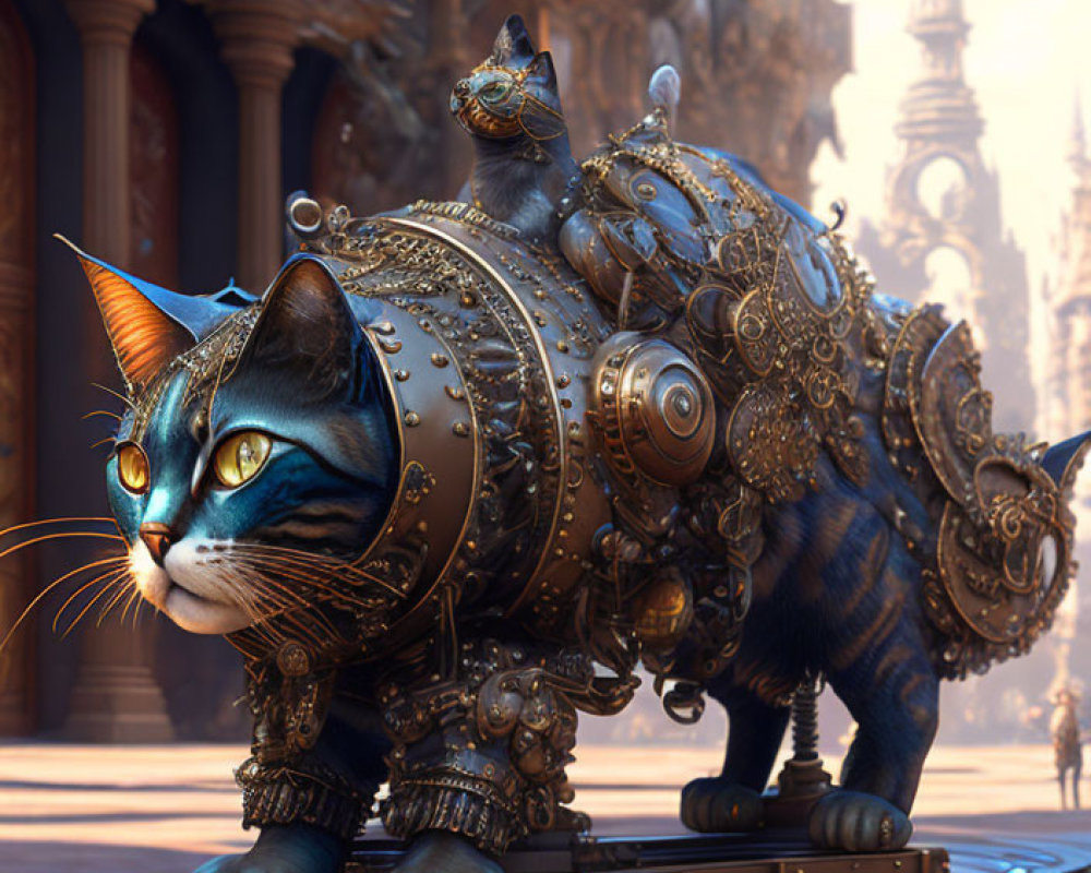 Steampunk digital art: Mechanical cat in bronze armor amidst cityscape