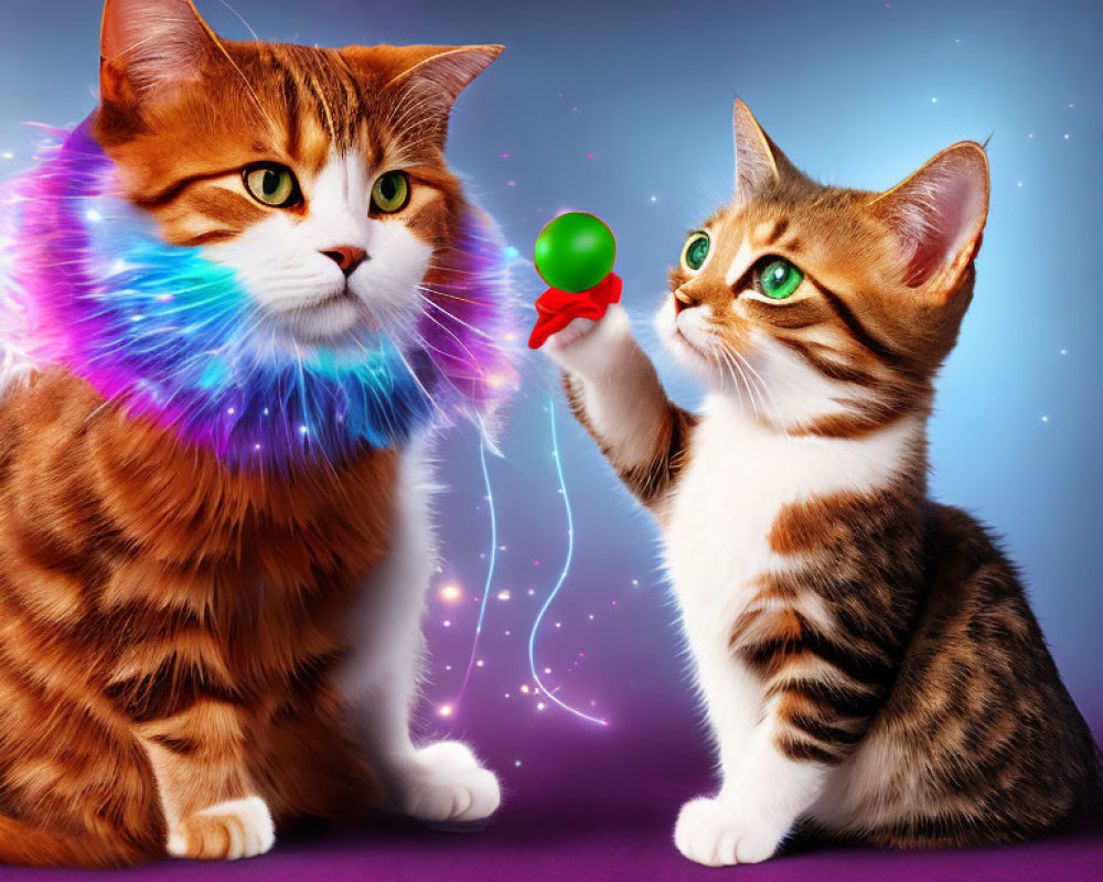 Exaggerated features on whimsical cats in colorful scene