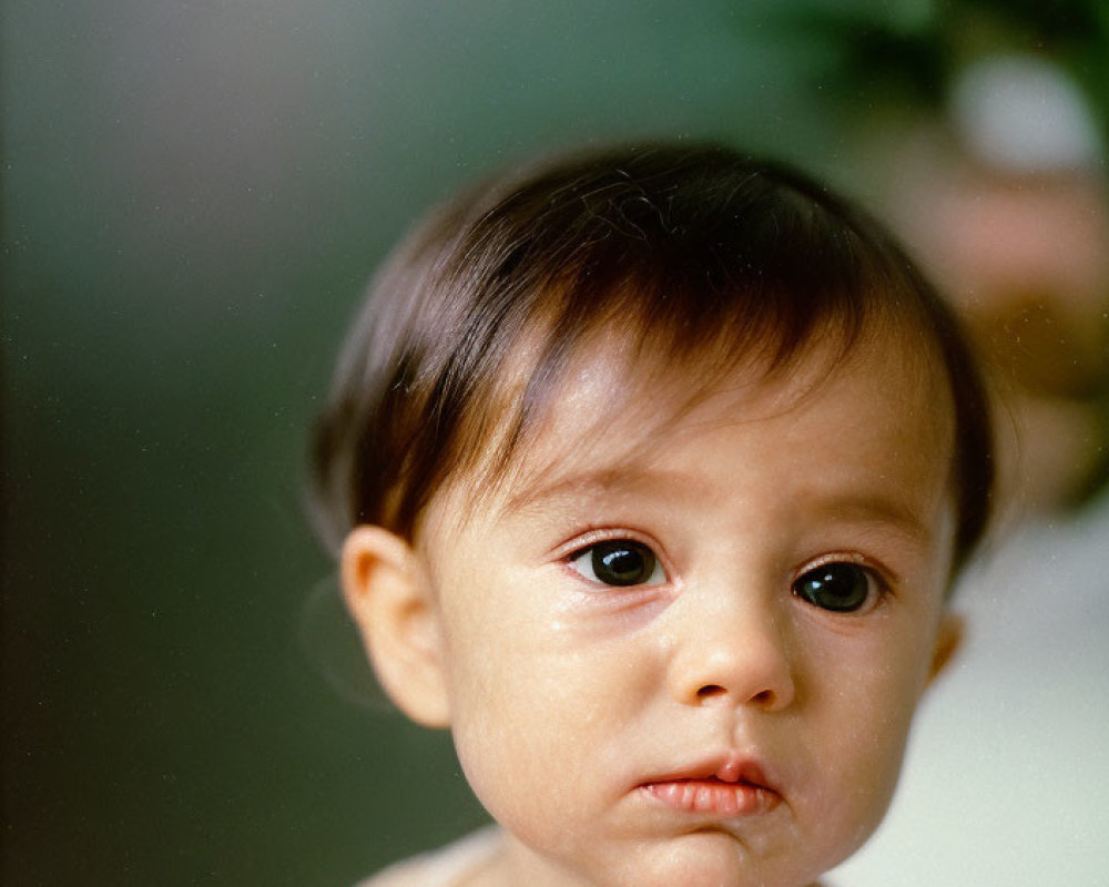 Baby with Soft Brown Eyes and Light Brown Hair Gazing Sideways