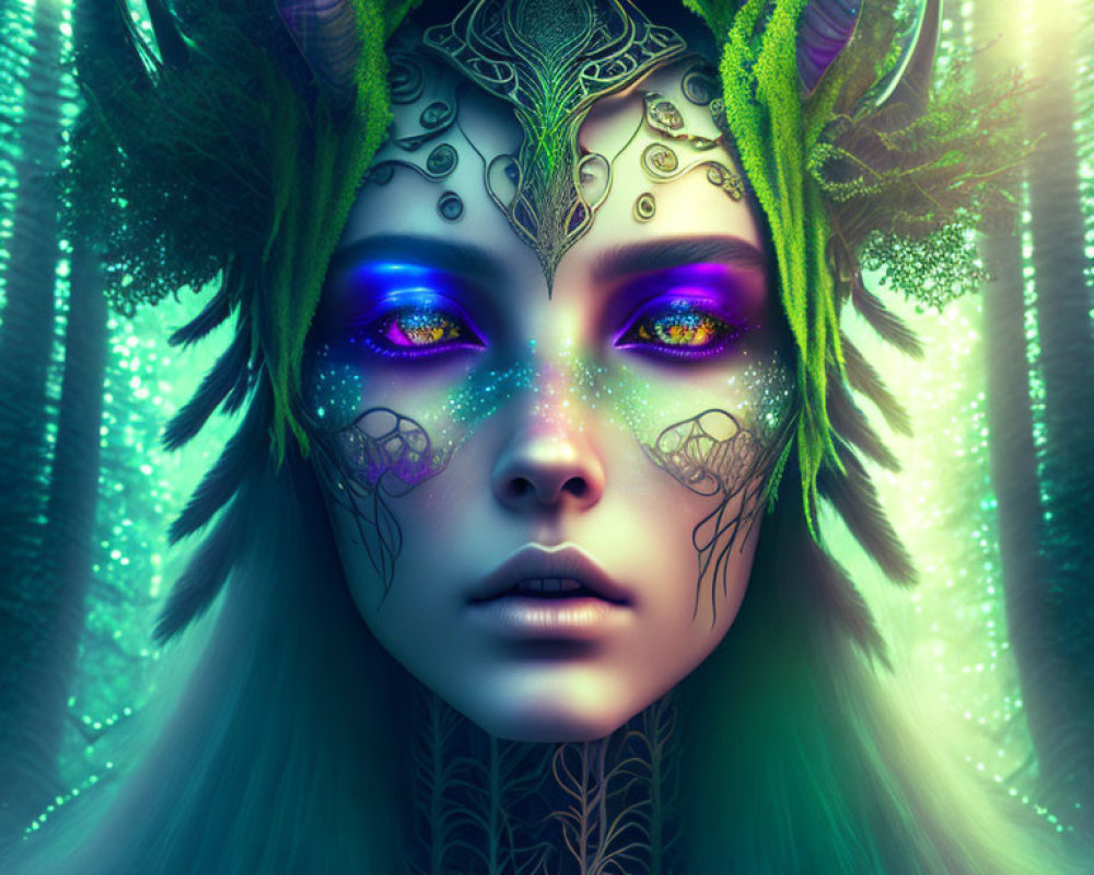 Fantasy portrait: Woman with vibrant makeup, antler headpieces, nature-inspired tattoos in mystical forest