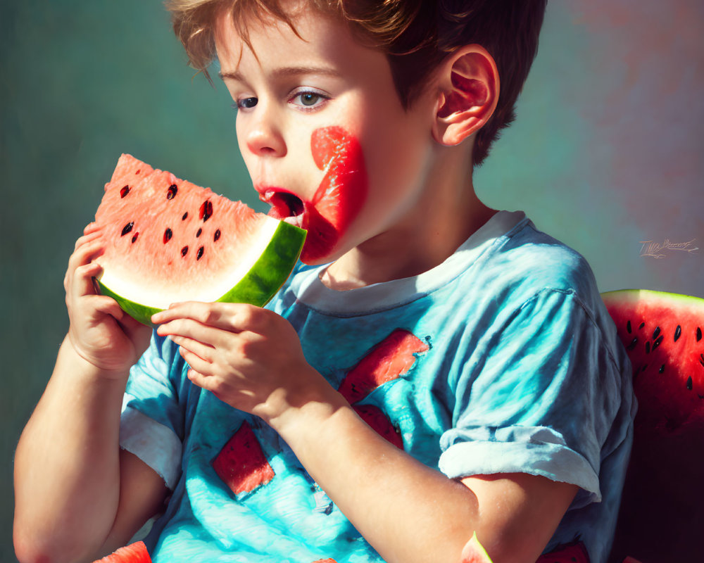 Child in blue t-shirt eating watermelon slice with messy hair