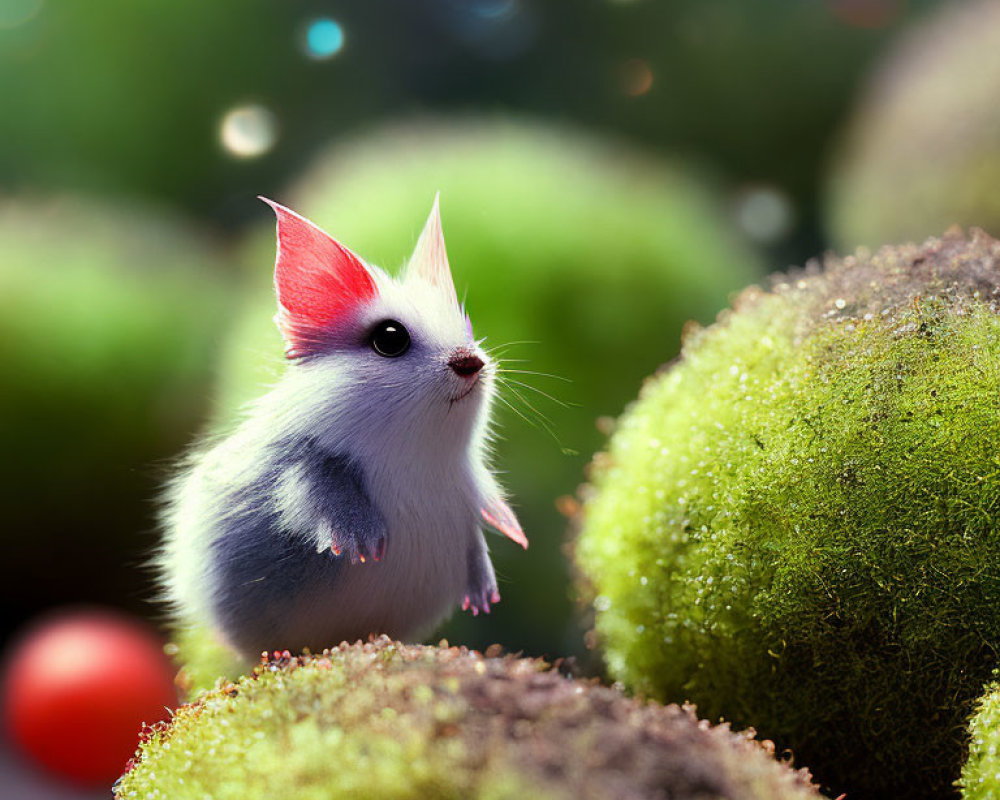 Vibrant white fur and red-eared mouse in mossy spheres with bokeh lights