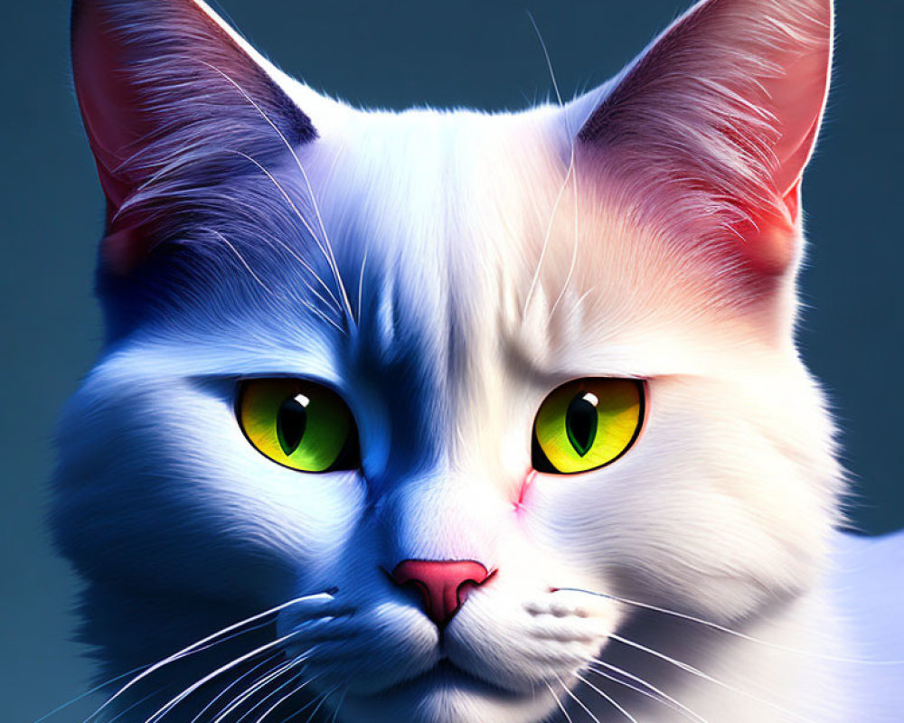 Grey and White Cat Digital Art with Green Eyes on Blue Background