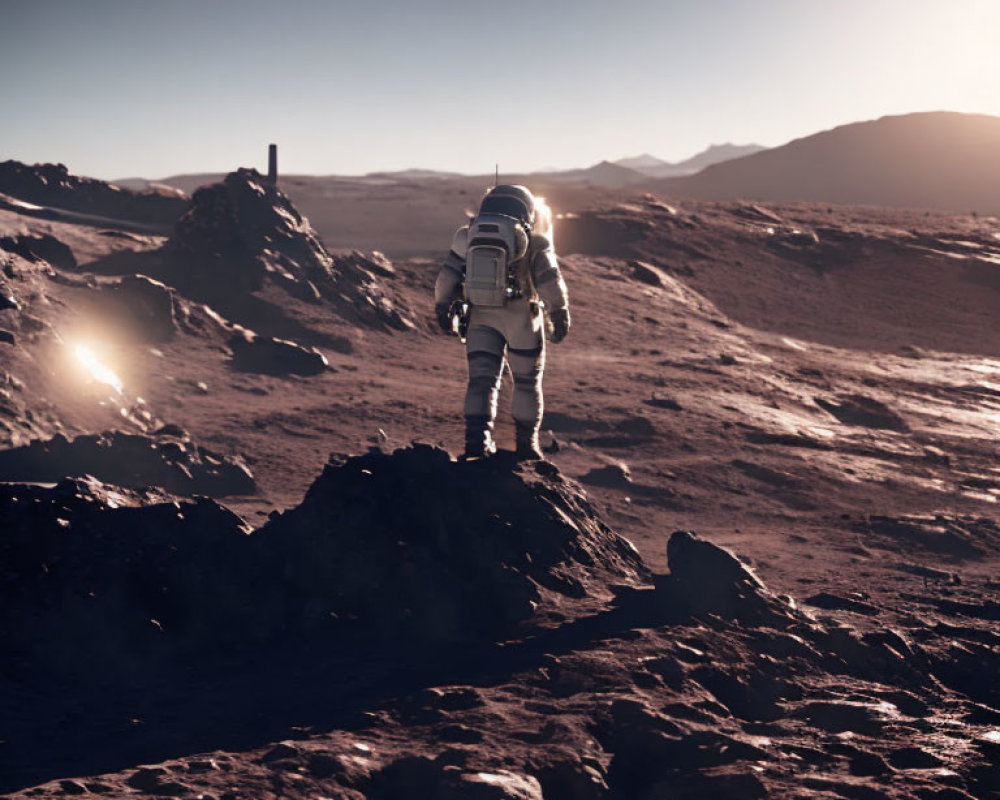 Astronaut on rocky terrain with sun flare depicting exploration.